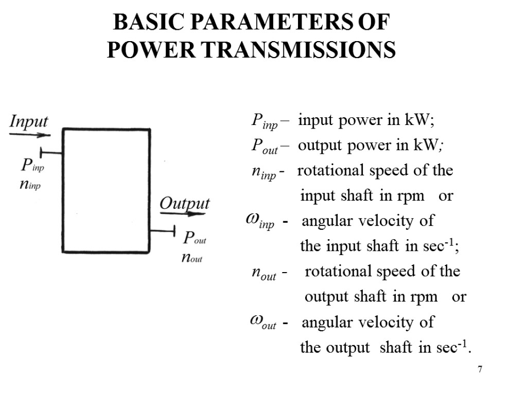 7 BASIC PARAMETERS OF POWER TRANSMISSIONS Pinp – input power in kW; Pout –